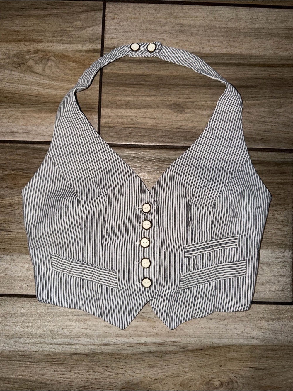 Striped Halter Button-Front Crop Top - White & Gray
